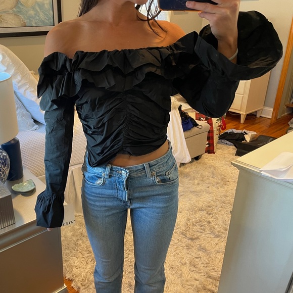 NWT Zara Bardot Black Off Shoulder Ruffle Ruched Crop Long Sleeve Top - Picture 4 of 8